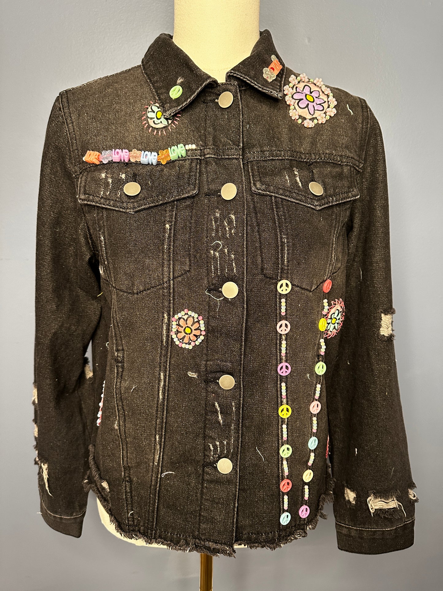 Distressed Black Denim Jacket w/ Hand Beading and Floral Appliqué (size-small)