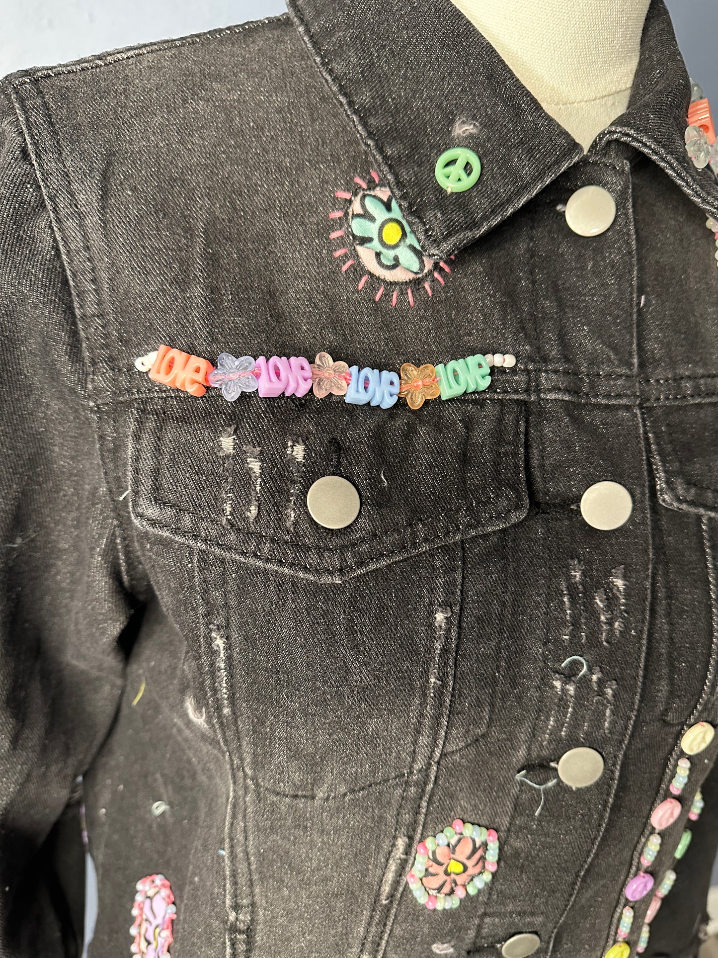 Distressed Black Denim Jacket w/ Hand Beading and Floral Appliqué (size-small)
