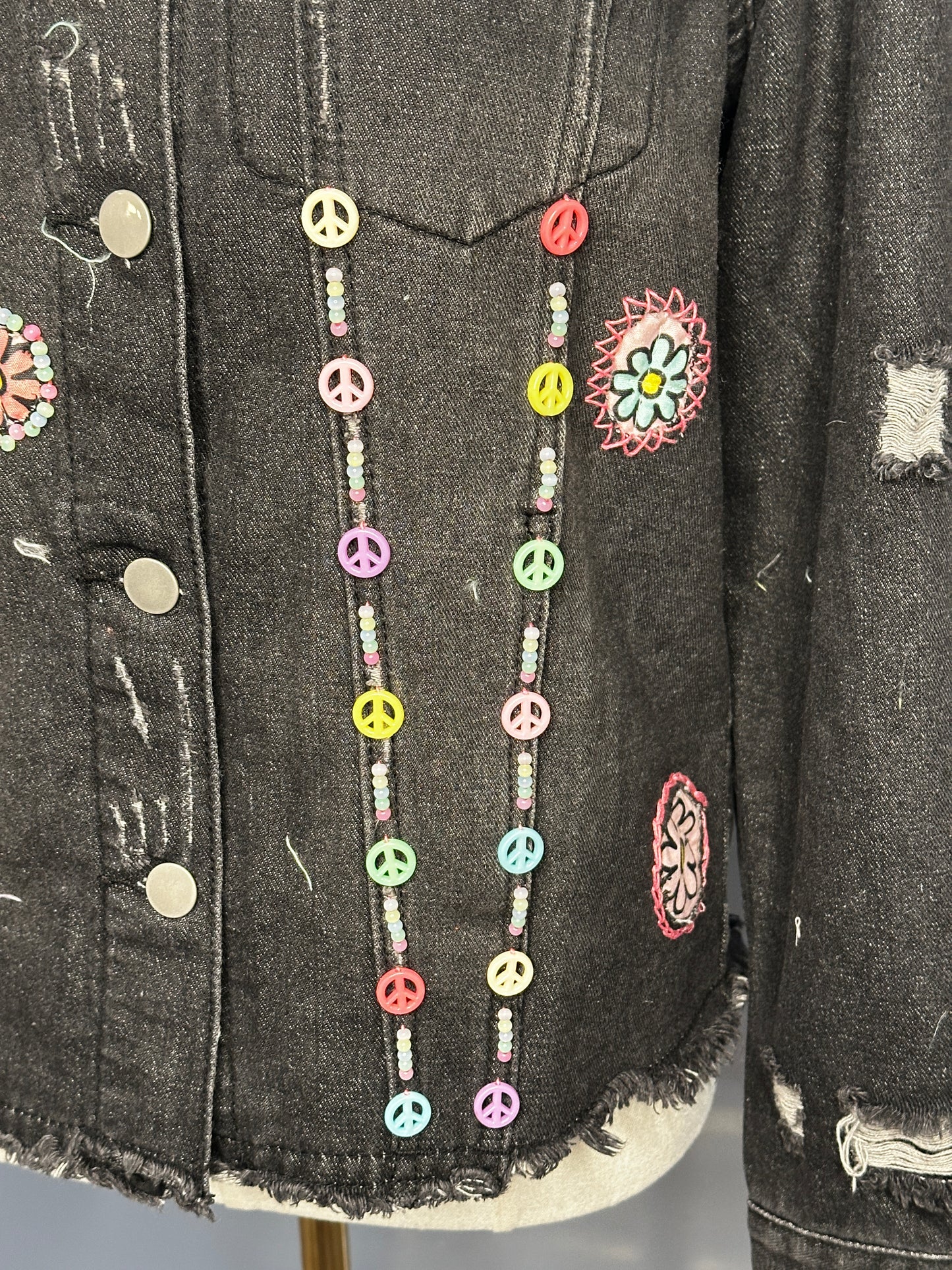 Distressed Black Denim Jacket w/ Hand Beading and Floral Appliqué (size-small)