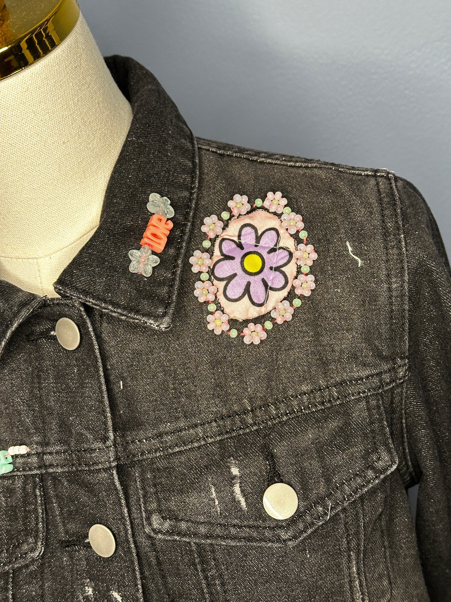 Distressed Black Denim Jacket w/ Hand Beading and Floral Appliqué (size-small)