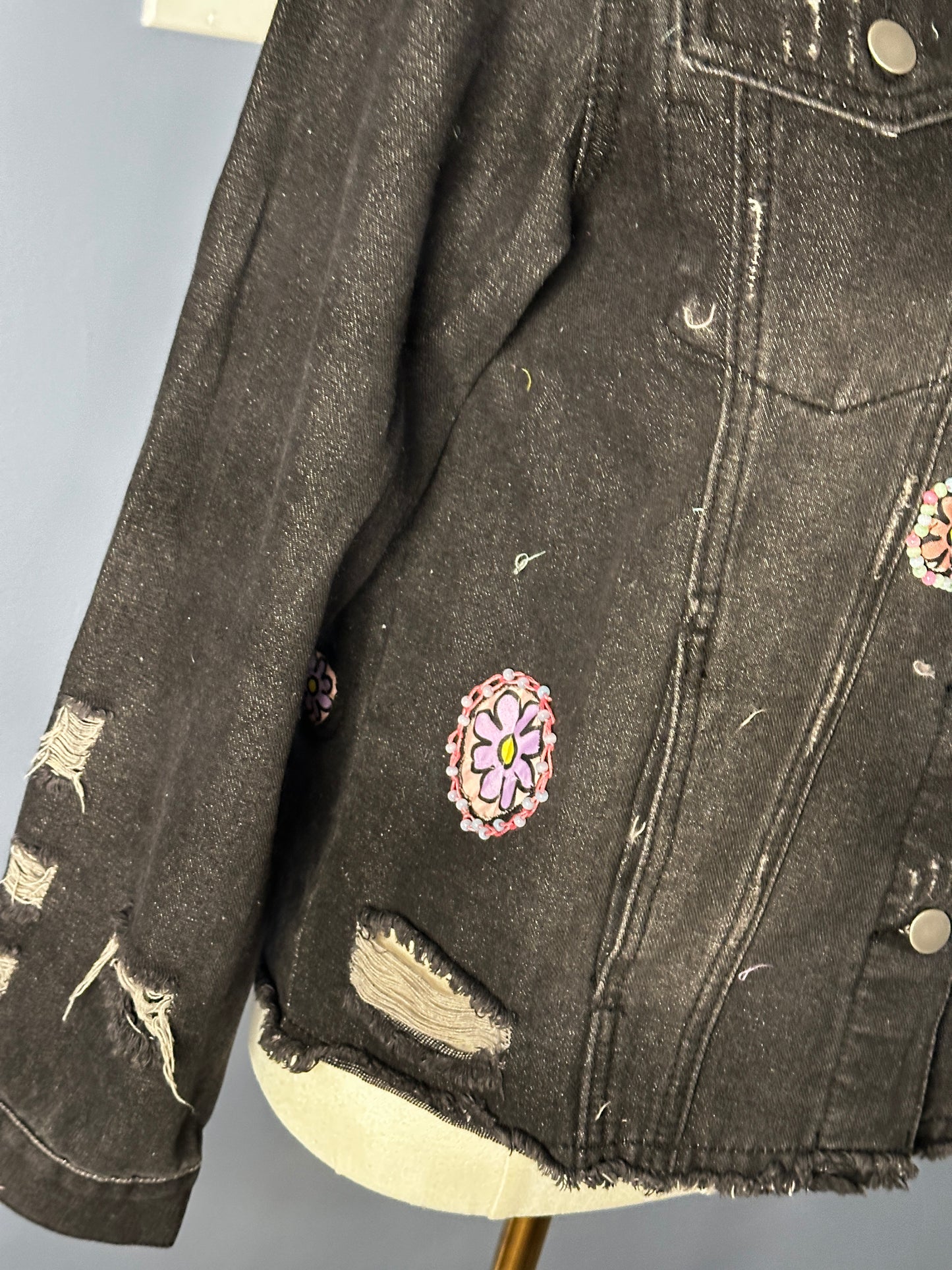 Distressed Black Denim Jacket w/ Hand Beading and Floral Appliqué (size-small)