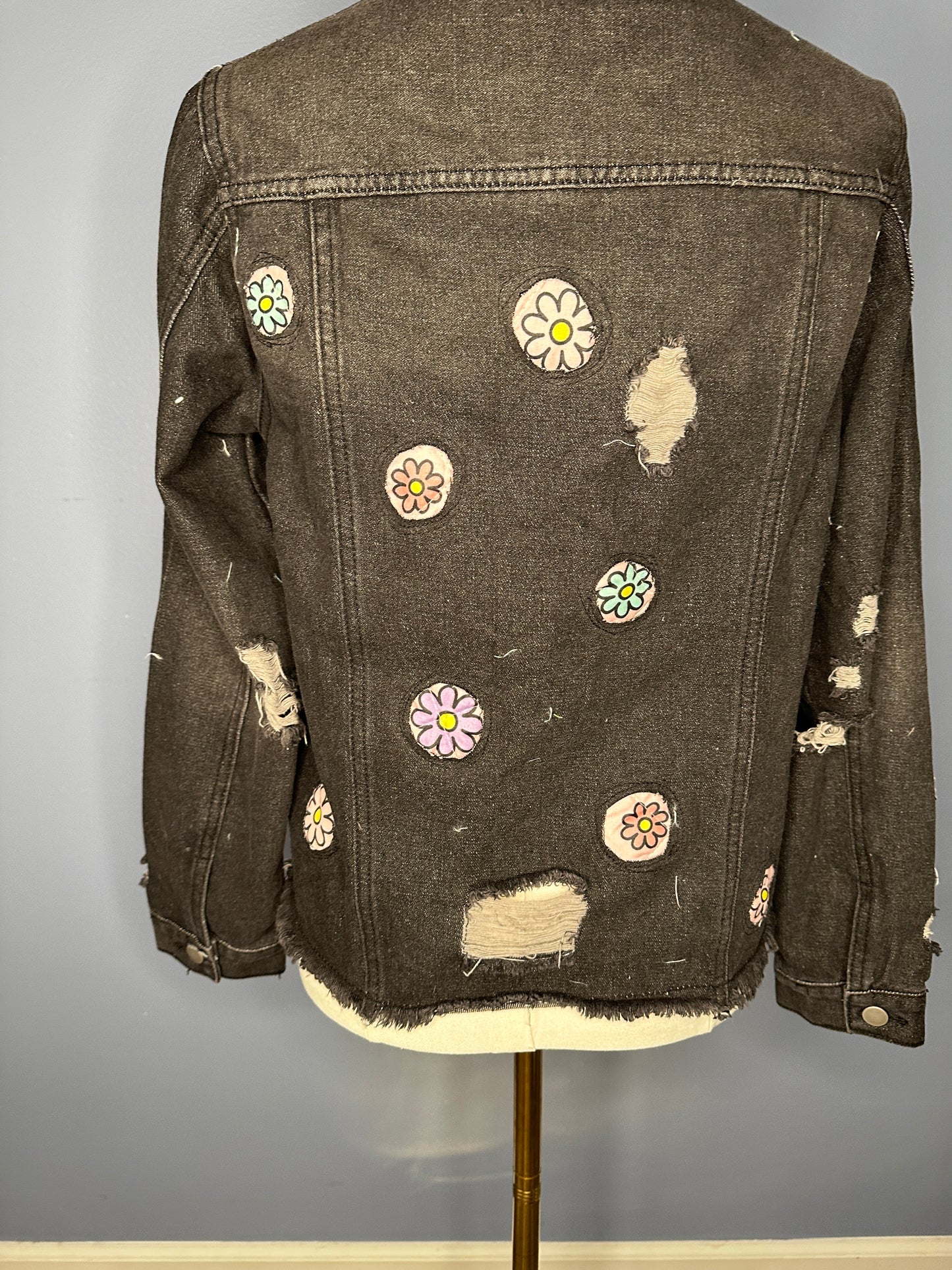 Distressed Black Denim Jacket w/ Hand Beading and Floral Appliqué (size-small)
