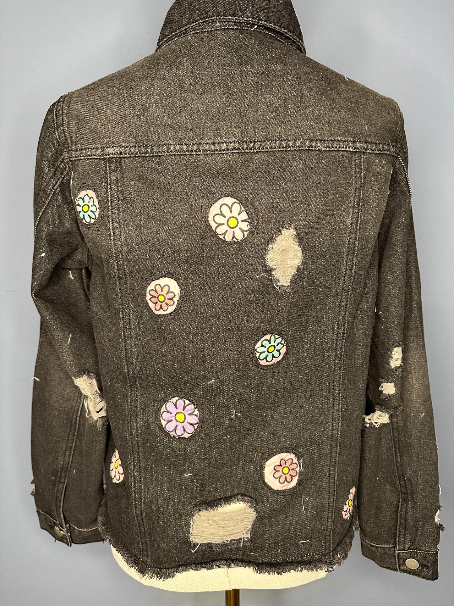 Distressed Black Denim Jacket w/ Hand Beading and Floral Appliqué (size-small)